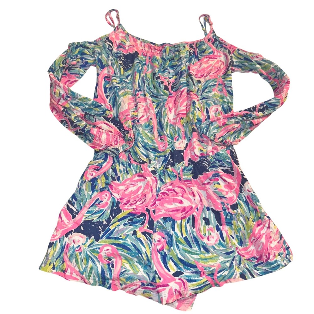 Lilly Pulitzer Girls Pink Flamingo Cold Shoulder Long Sleeve Romper XL 12/14